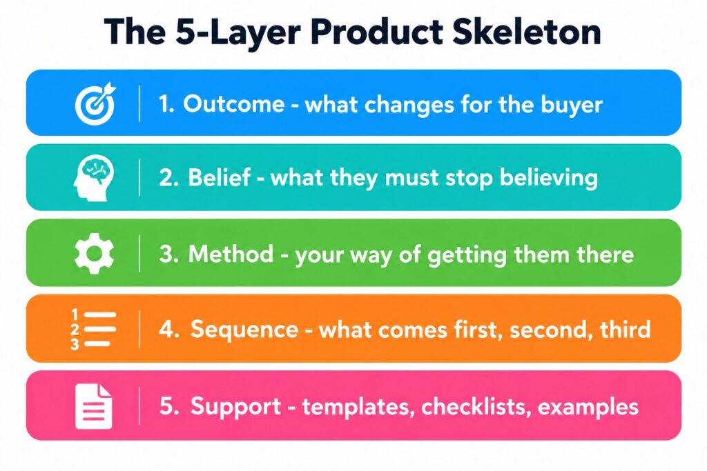 Five-layer product skeleton: outcome, belief, method, sequence, support