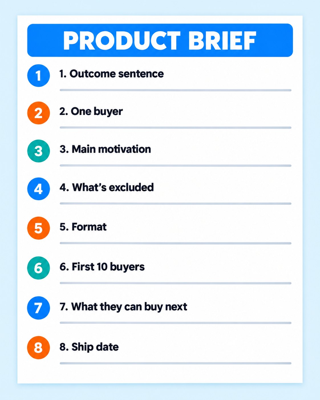 One-page product brief template with eight fields