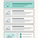Illustration of a blog post built from blocks: headline, highlighted answer, sections, an example and a checklist