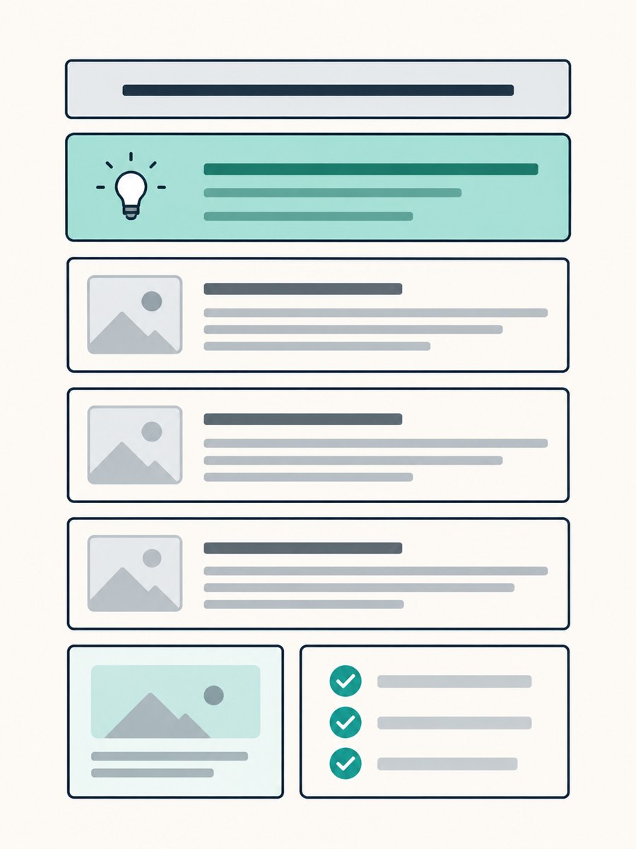 Illustration of a blog post built from blocks: headline, highlighted answer, sections, an example and a checklist