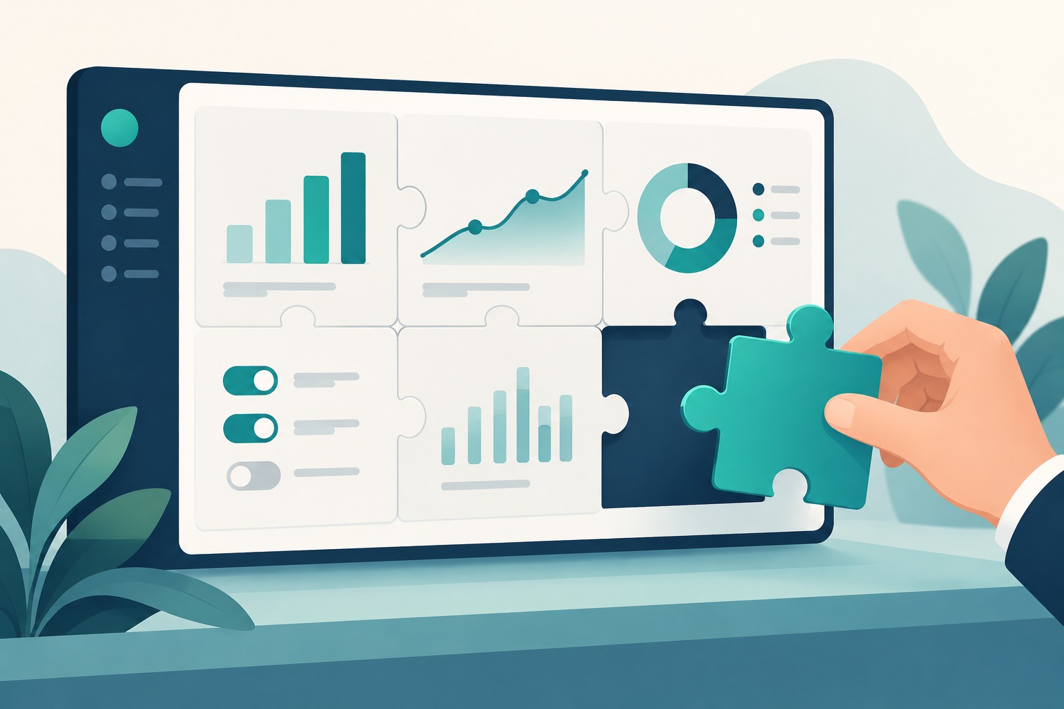 Illustration of a hand placing the final puzzle piece into an analytics dashboard, representing the AI Max setup completing a Search campaign