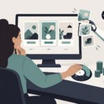 Illustration of a marketer reviewing ad frames while guarding the budget dial from an AI assistant
