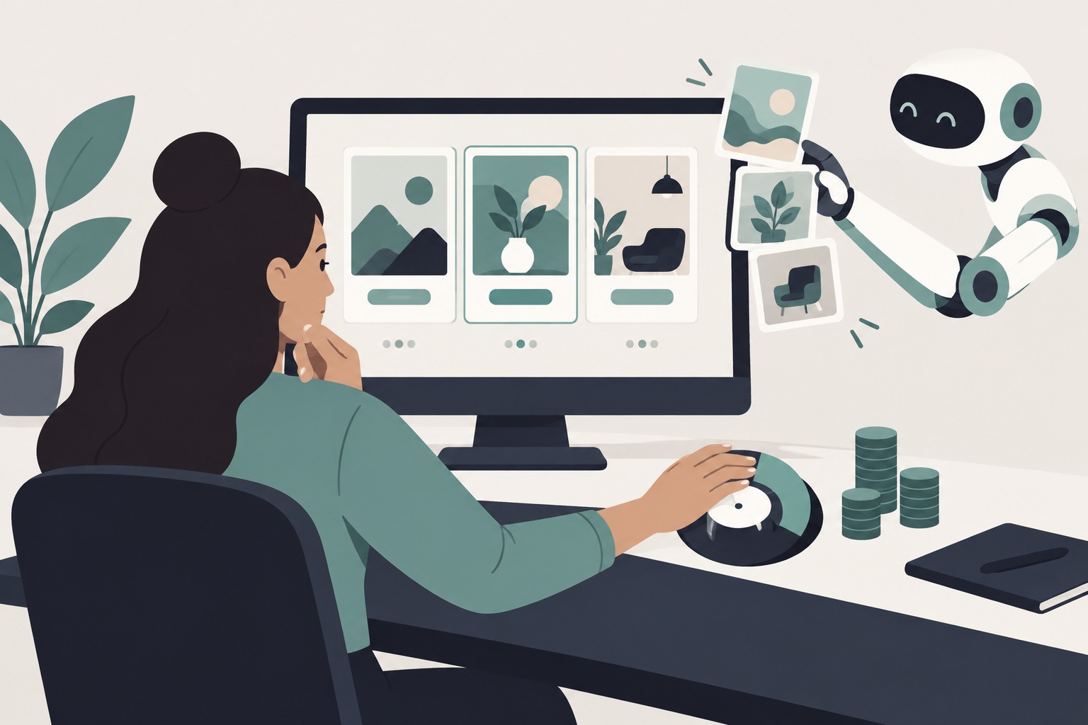 Illustration of a marketer reviewing ad frames while guarding the budget dial from an AI assistant