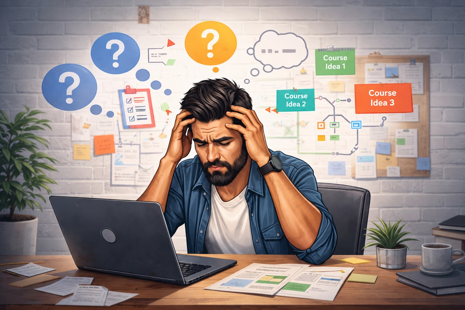 Illustration of a creator at a laptop overwhelmed by competing course ideas, with notes labelled Course Idea 1, Course Idea 2 and Course Idea 3