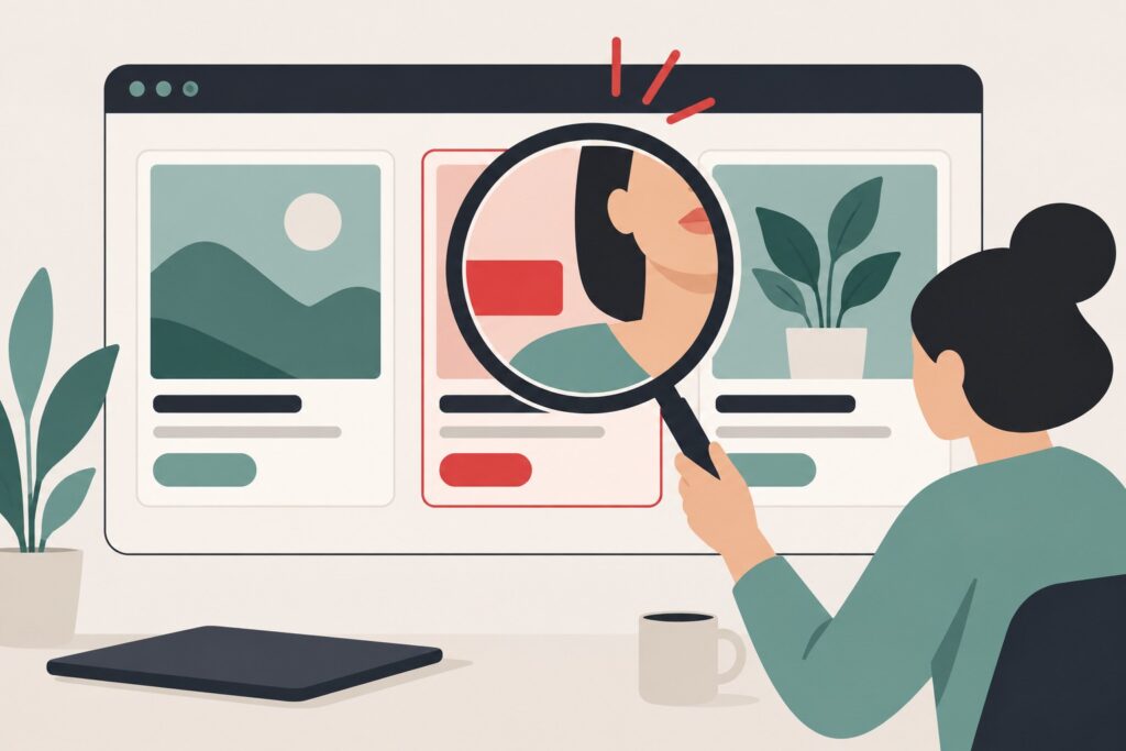 Illustration of a magnifying glass over a flawed ad creative tile on a dashboard