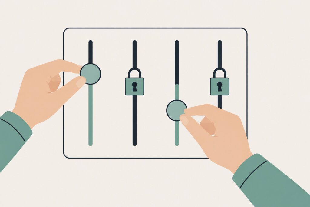 Illustration of a control panel with two sliders locked by padlocks and two being adjusted by hand